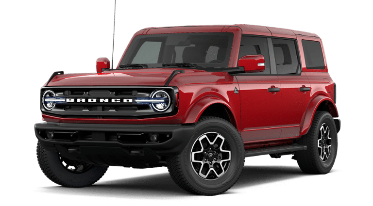 2026 Ford Bronco Outer Banks in Ruby Red Metallic Tinted Clearcoat — front three-quarter view