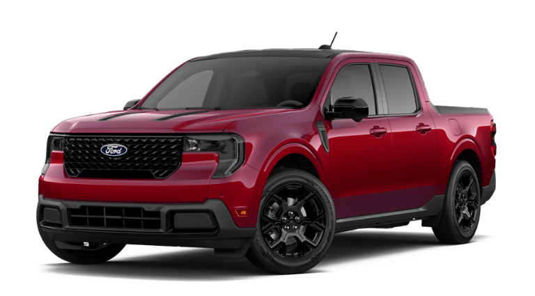 2026 Ford Maverick Lariat in Ruby Red Metallic Tinted Clearcoat — front three-quarter view